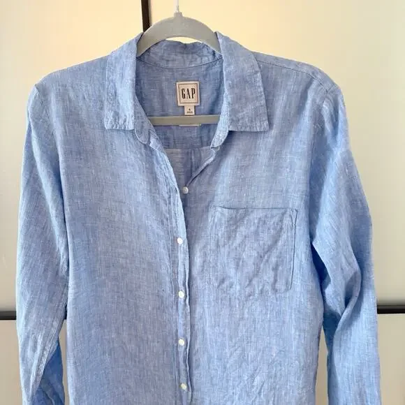 Gap Boyfriend Oversized 100% Linen Blouse Top Women’s Small Blue - Picture 8 of 15